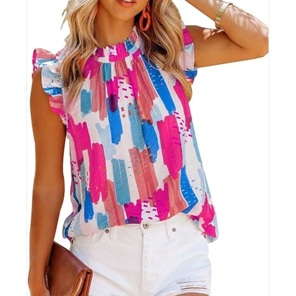 THML Ruffle Sleeve Top Brush Stroke Print‎ Keyhole Blouse Pink Multicolor S Nwot